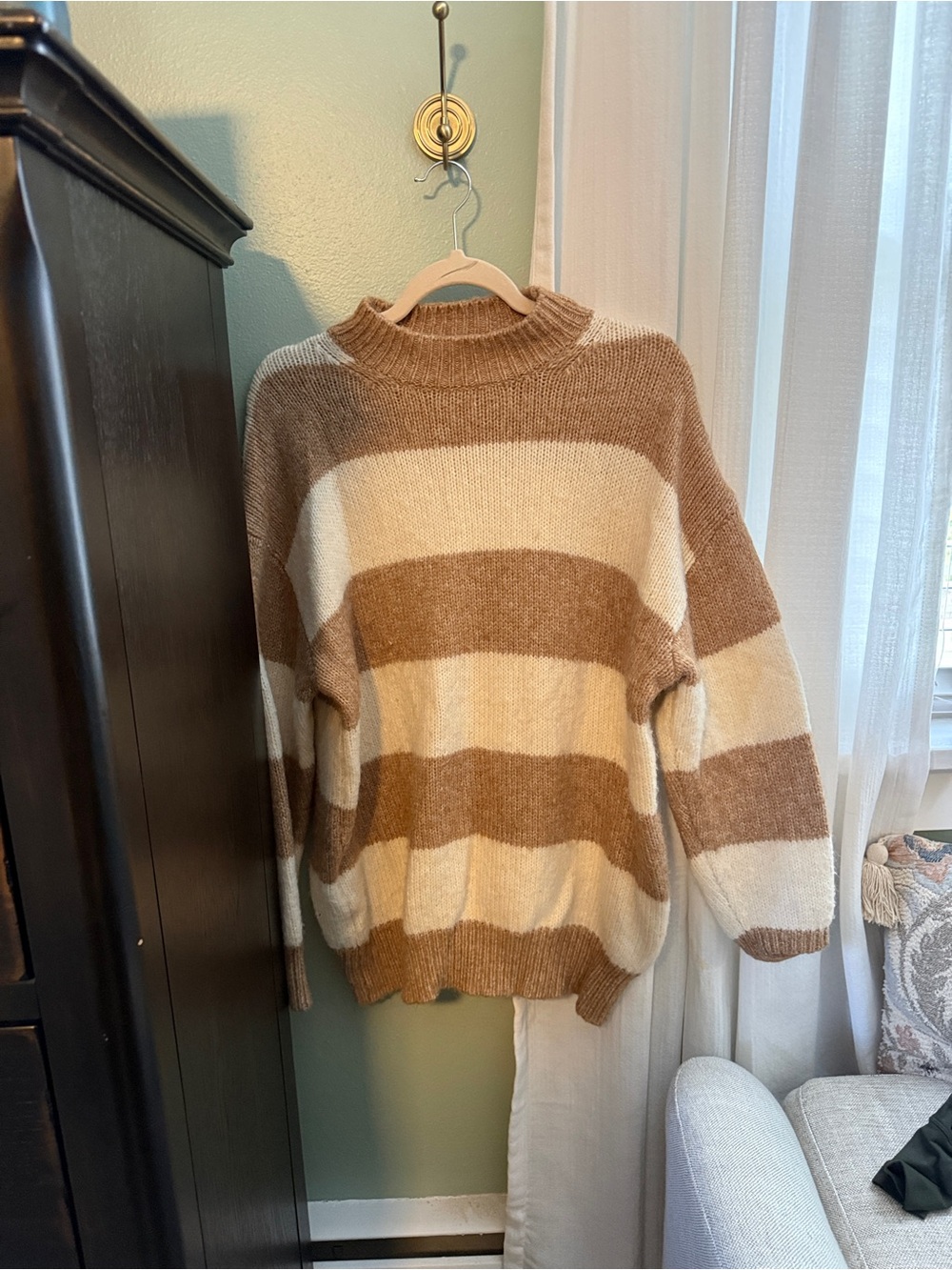 Mango Wide-Striped Cowlneck Sweater in Cream and Brown